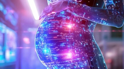 Leinwandbilder - A futuristic representation shows a robot with a glowing, synthetic pregnant belly, highlighting advancements in bioengineering and robotics. This image captures the merging of life and technology.