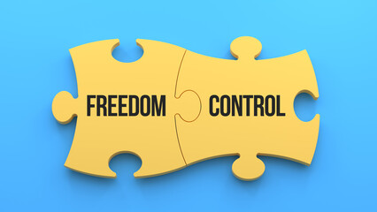 Wall Mural - Freedom and control text message on jigsaw puzzle. Blue background,3d