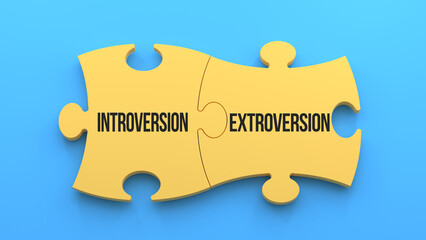 Wall Mural - Introversion and Extroversion text message on jigsaw puzzle. Blue background,3d