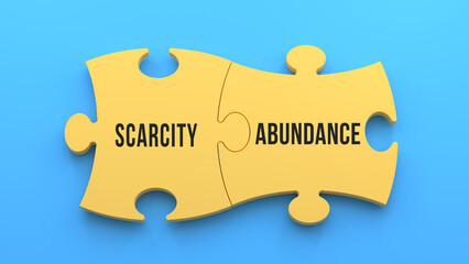 Wall Mural - Scarcity and abudance text message on jigsaw puzzle. Blue background,3d