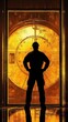 © mrbee - A silhouette of a worker against a glowing vault door in a bank environment.