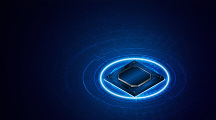 Leinwandbilder - Microchip processor circuit board technology on dark blue background. Information Processing Concept. Circuit board hi-tech technology background. vector illustration	