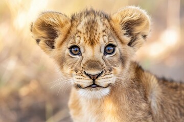 a close-up of an adorable lion cub face. the cub has big brown eyes and fuzzy ears, with a soft brow