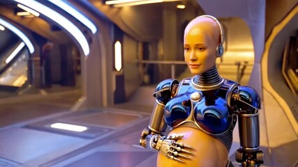 Leinwandbilder - A futuristic robot designed for surrogate pregnancy stands in a high-tech environment. This bioengineered creation showcases advancements in synthetic life and prenatal care technologies.