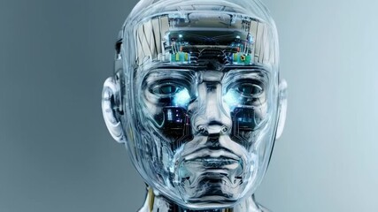 Poster - A futuristic robot head is showcased, emphasizing advanced bioengineering and synthetic design.