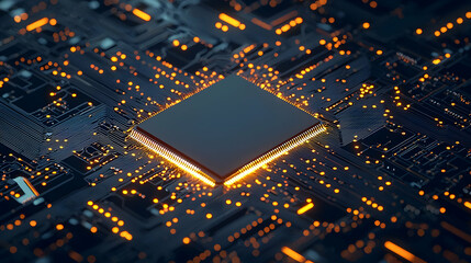 Illuminated Microchip Central Processing Unit Detail on Printed Circuit Board in Dark Backdrop