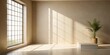 © VisualVault - Serene Minimalist Room Interior Featuring a Blank Display Plinth, Sunlight Streaming Through a Large Paned Window, and a Potted Tropical Plant