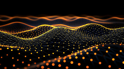 Abstract Digital Network Representation Of Wavy Terrain With Glowing Orange And White Dots And Lines