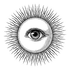 Wall Mural - vintage eye sun rays detailed engraving black and white outline line art drawing