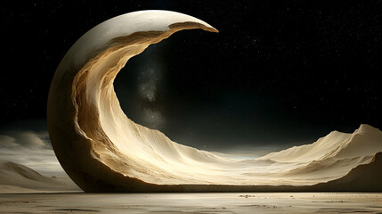 Wall Mural - crescent moon rock desert landscape, starry night