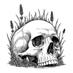 Wall Mural - skull with overgrowth lavender detailed black and white outline line art drawing engraving style
