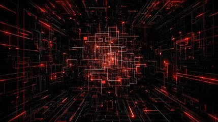 Abstract Digital Data Network With Red Lines and Bright Lights on Black Background