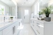 © Fathor - Modern white bathroom with double vanity and mirrors, clean lines, and minimalist decor, with bright lighting. A spacious interior design showcasing the contemporary style of home architecture in Los