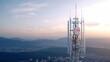 © artzone - Detailed View Of Telecommunications Tower Against A Vibrant Sky And Cityscape