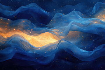 Poster - Abstract artwork depicting celestial bodies in a cosmic blue and gold fabric, evoking a dreamy, ethereal atmosphere.
