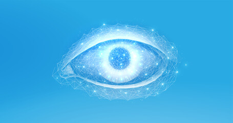 3D eye on blue background. Digital vision, ophthalmology health, face recognition.