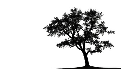 single, majestic tree silhouetted against a pure white backdrop, cutout, silhouette