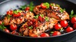 © KIMEHIME - Grilled salmon fillets cooked with fresh cherry tomatoes and parsley in a hot black skillet.