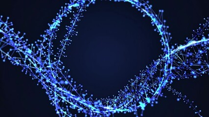 Glowing blue digital plexus forming a circle with copy space, representing connections, network, technology, and innovation on a dark blue background