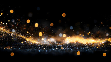 Abstract Golden Sparkle Dust With Bokeh Effect On Black Background For Festive Design