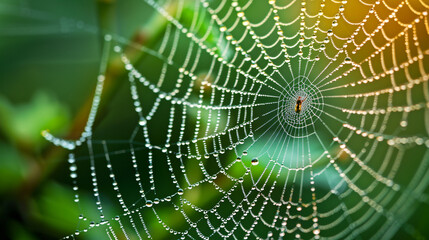 A close up of a spider web decorated with tiny water droplets.