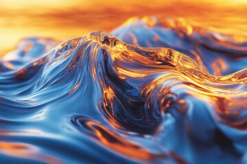 Aufkleber - Abstract liquid art depicting swirling, metallic waves illuminated by a fiery sunset, evoking a sense of fluidity and energy.