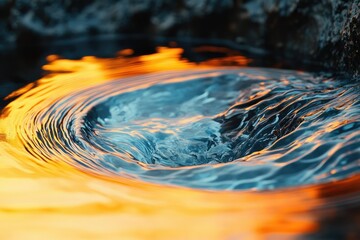 Fototapete - A swirling vortex of water reflects a vibrant sunset, creating a mesmerizing blend of teal and orange hues.