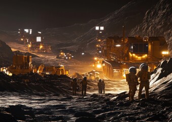 moon mining operation with workers in space suits operating heavy machinery