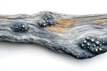 Fototapete - A weathered wood slab adorned with dark, textured, bubble-like formations, interspersed with small, light-colored accents.