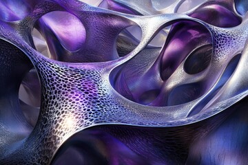 Fototapete - Abstract 3D render of a biomorphic structure with metallic purple and silver textures, creating a captivating, intricate design.