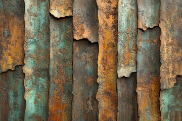 Aufkleber - Rustic metal wall texture with teal and orange patina, showing aged, weathered, and fragmented vertical panels.