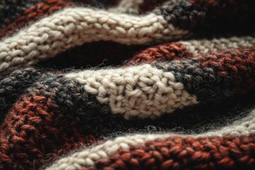 Poster - Close-up of a cozy, hand-knitted wool blanket with a striped pattern in warm autumnal colors.