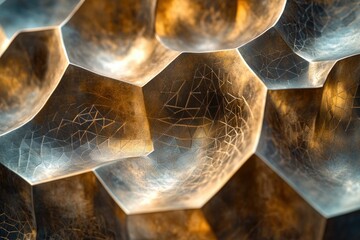 Aufkleber - Abstract bronze sculpture with geometric, faceted shapes and a textured surface, illuminated with warm light.