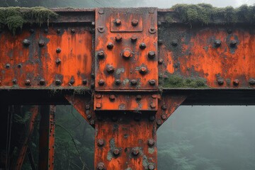 Poster - Rusty orange metal structure, heavily weathered and covered in moss, set against a misty forest backdrop.