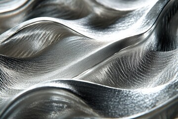 Fototapete - Abstract silver textured surface with flowing, wave-like patterns, reflecting light.