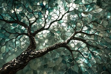 Wall Mural - a stunning stained-glass artwork depicting a tree's branches against a teal and green backdrop.