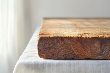 Fototapete - Rustic wooden board, thick, natural grain, end view, simple, minimalist, on linen.