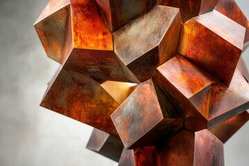 Aufkleber - Abstract rusted metal sculpture, geometric shapes interlocked, creating a complex, three-dimensional form.