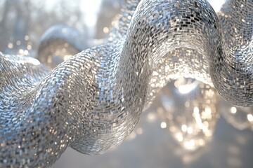Fototapete - A mesmerizing, abstract 3D render of a silver, mosaic-like fabric flowing in elegant waves.