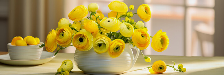 Poster - Bright yellow ranunculus flowers in a white vase on a table with small lemons