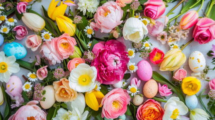Poster - Colorful spring floral arrangement with pastel Easter eggs displayed on a light background