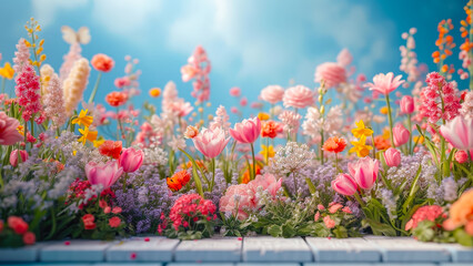 Aufkleber - Colorful flower garden under a bright blue sky with scattered clouds during a sunny day in spring