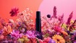 © Natty - A vibrant red lipstick tube rests elegantly among a colorful array of wildflowers, with delicate petals in shades of pink, yellow, and purple surrounding it, creating a striking contrast.