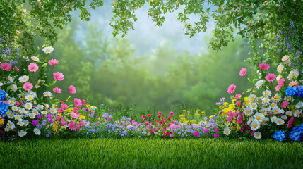 Aufkleber - Vibrant garden filled with colorful flowers blooming in a lush green landscape during a sunny day