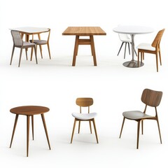 Poster - Modern Dining Room Furniture: Tables and Chairs in Various Styles on a Clean White Background