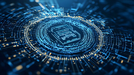 Digital Data Representation Within Circular Circuit Board Pattern in Blue and Yellow Tones