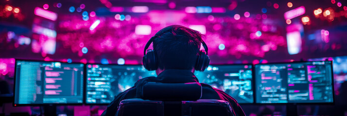 Cyberpunk Coder: Person coding in a vibrant neon room with multiple screens, for banner, flyer, tech article