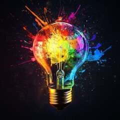 Fototapete - Colorful Idea: A Light Bulb Bursting with Creativity, Innovation, and Artistic Expression on a Textured Dark Background