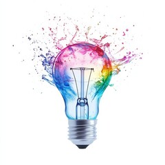 Fototapete - Colorful Idea Explosion: A lightbulb bursting with vibrant hues against a clean white background.