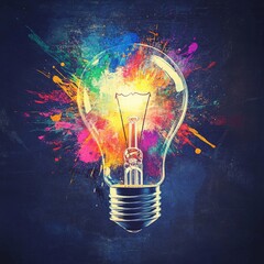 Fototapete - Colorful Idea Explosion: A Light Bulb Bursting with Creativity and Innovation Against a Dark Textured Background
